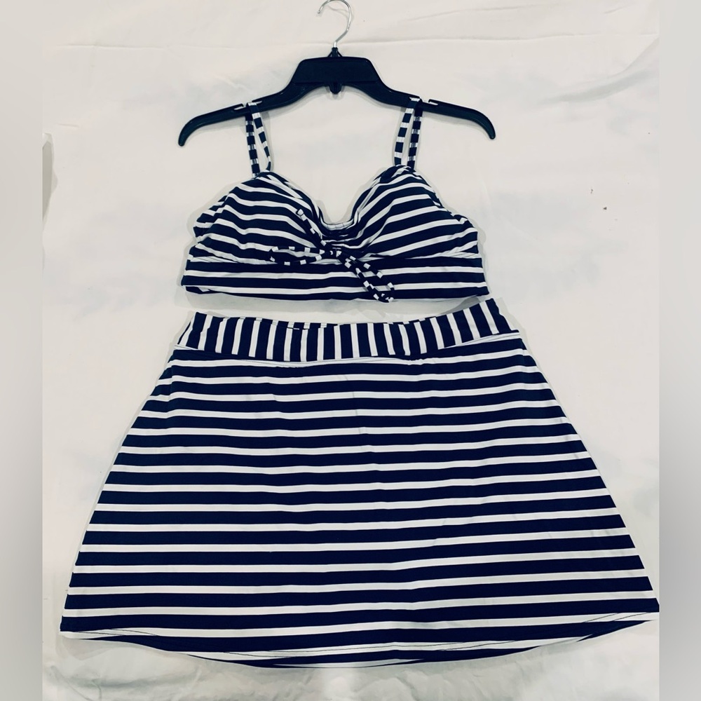 Navy & White Striped Swim Suit by Land’s End, 8